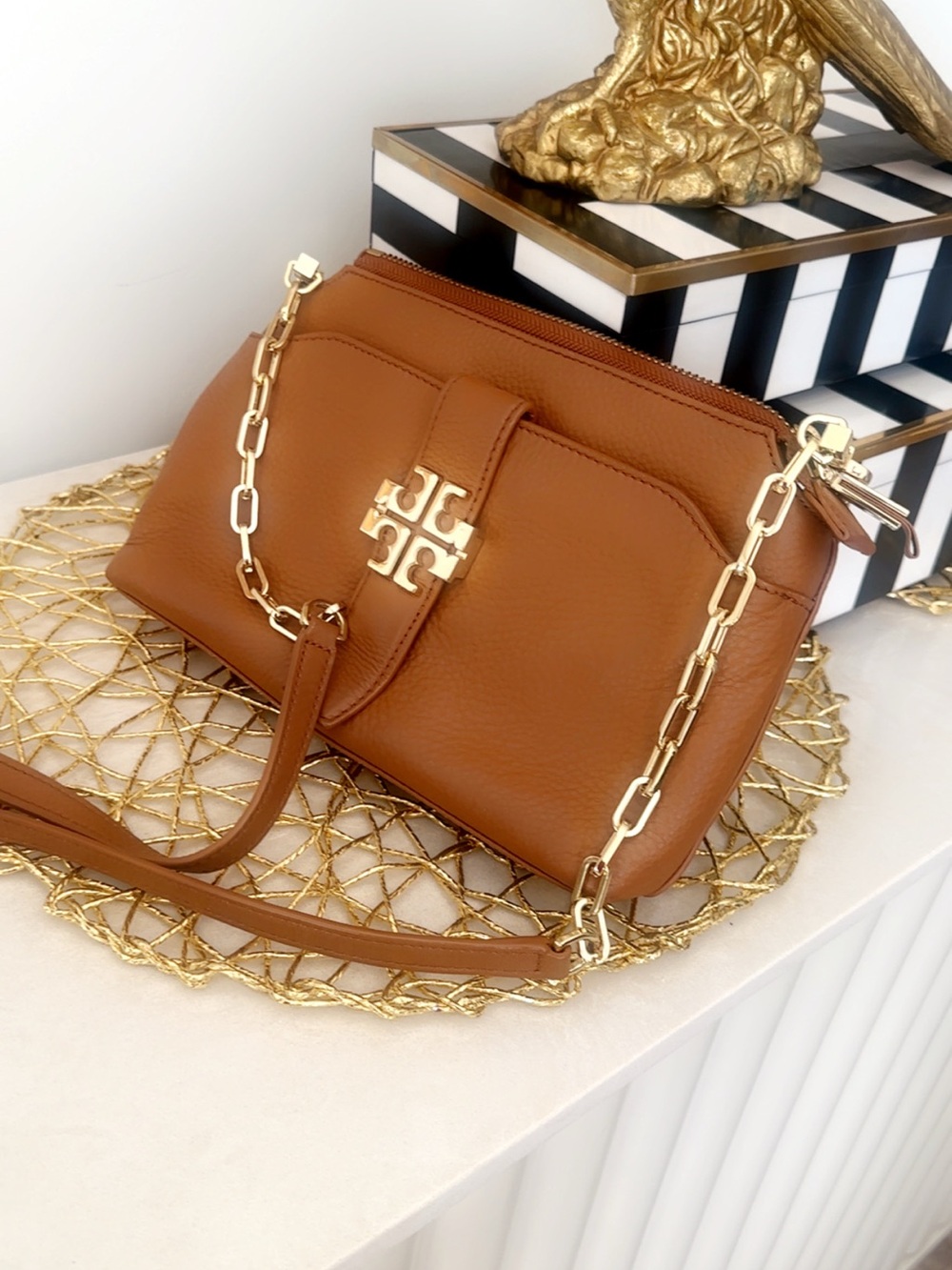 Tory Burch Chestnut Leather Shoulder Bag with Gold Chain